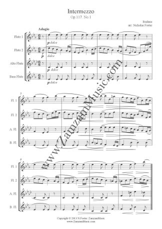 Brahms - Intermezzo. Op 117, No 1. Eb major. Beautiful piano solo for 2 Flutes, Alto, Bass.