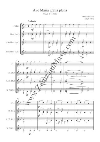 Bruckner - Ave Maria gratia plena. Motet arranged for 3 flutes, 2 alto flutes, 2 bass flutes.