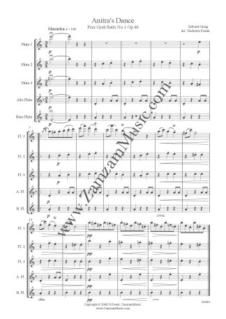 Grieg - Anitra's Dance. 3 Flutes, Alto and Bass. Intermediate/Advanced