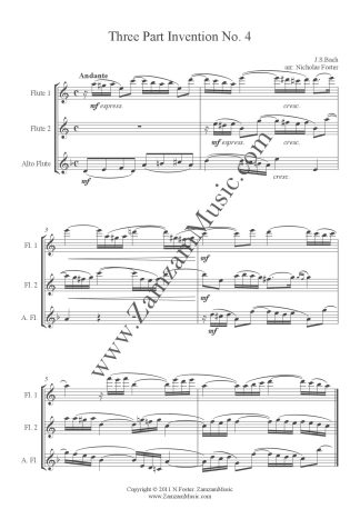 Bach, J.S. - 3 part invention No. 4 - Flute Trio for 2 Flutes and Alto flute.