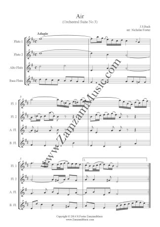 Bach, J.S. Air on the G String (Suite No. 3, BWV 1068) for 2 flutes, Alto flute and Bass flute.