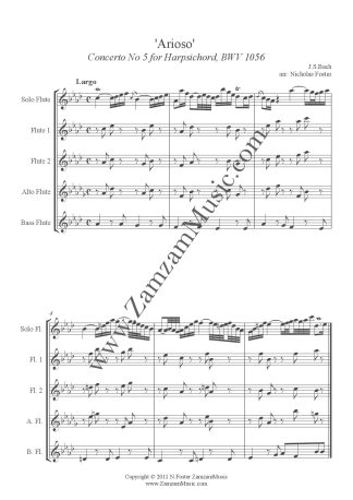 Bach, J.S. - Arioso from 5th Harpsichord Concerto. 3 Flutes, Alto and Bass. Solo part with accompaniment.
