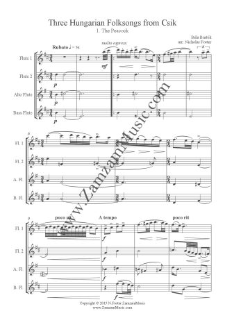 Bartok, Bela. - 3 Hungarian Folksongs. 2 Flutes, Alto and Bass. Advanced