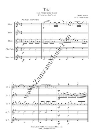 Berlioz - Trio from the Oratorio, 'L'Enfance du Christ' arranged for 3 Flutes, Alto and Bass. Advanced.