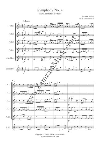 Boyce, William. Symphony No 4. "The Shepherd's Lottery" 4 Flutes, Alto and Bass Intermediate/Advanced
