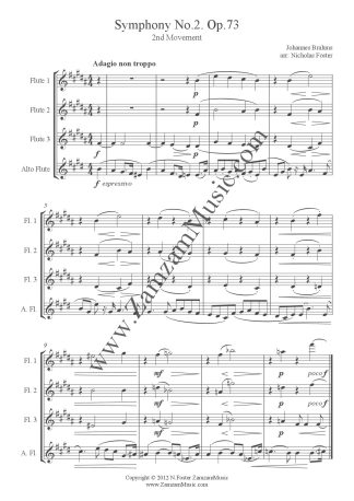 Brahms - Symphony 2, second movement for 2 Flutes, Alto and Bass. Advanced.