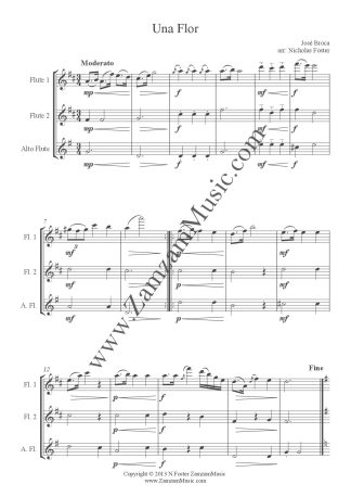 Broca, Jose - Una Flor.  A beautiful, delicate song arranged for 2 Flutes and Alto. Intermediate