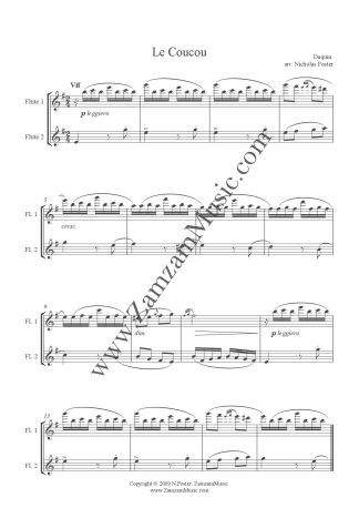Daquin - Le Coucou (The Cuckoo). Showpiece concert duet for 2 Flutes. Advanced level.