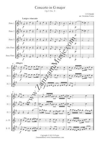 Handel - Concerto Grosso in G major. 3 Flutes, Alto and Bass Flutes. Advanced