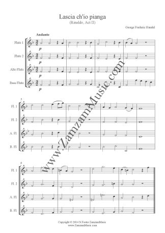 Handel - Lascia ch'io Pianga from 'Rinaldo'.  2 Flutes, Alto, Bass
