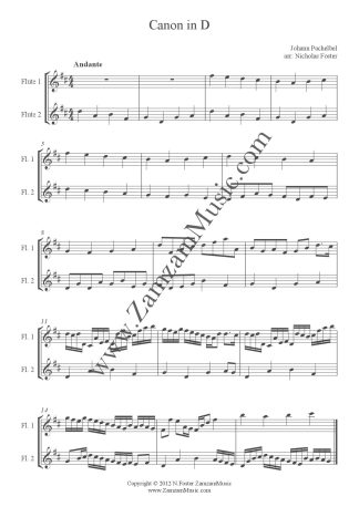 Pachelbel - Canon in D for 2 Flutes or Flute & Alto flute. Advanced/Intermediate