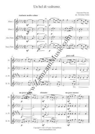 Puccini - 'Un bel di vedremo' from Madame Butterfly. 2 Flutes, Alto and Bass. Advanced