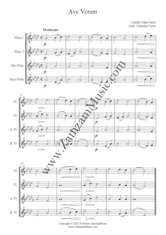 Saint-Saens - Ave Verum Corpus. Arranged from the choral setting  for 2 flutes, alto and bass flutes. Intermediate.