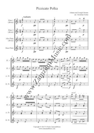 Strauss, J&J. Pizzicato Polka. 2 flutes, alto flute, bass flute (quartet with divisi parts).
