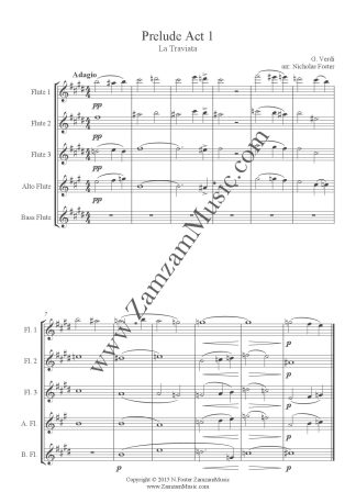 Verdi : Prelude to Act 1 from La Traviata for 3 flutes, Alto + Bass. Intermediate - Advanced.
