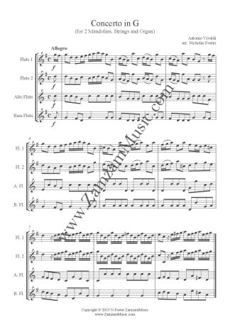Vivaldi - Concerto in G, arranged for 2 Flutes, Alto and Bass. Advanced.