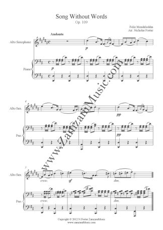 Mendelssohn, Felix. – Song Without Words. Op 109, for Alto saxophone and piano.
