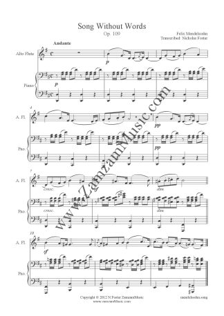 Mendelssohn, Felix. - Song Without Words. Op.109, for Alto flute and piano.