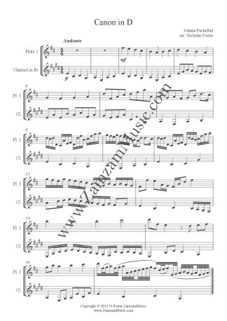 Pachelbel, Johann- Canon in D for Flute (advanced) and Clarinet (moderate)