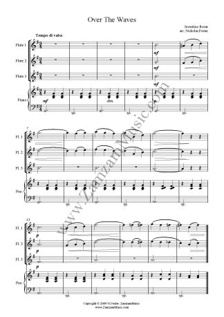Rosas, Valentino - Over the Waves. 3 flutes and piano