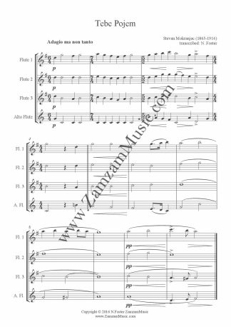 Mokranjac, S. - Tebe Pojem. A simple quartet for 3 flutes and alto flute.