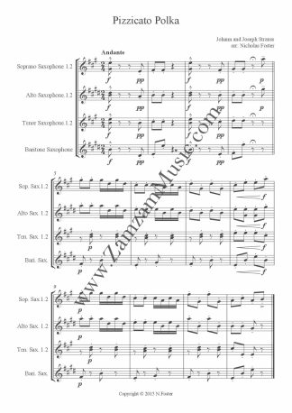 Strauss, J&J. Pizzicato Polka. Arranged for 7 saxophones. SSAATTB.