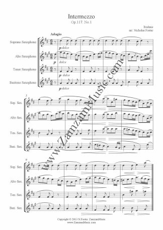 Brahms – Intermezzo. Op 117, No 1. Arranged for saxophone quartet SATB