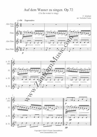 Schubert - Auf dem Wasser zu singen. Arranged for solo alto flute with flute,alto and bass flutes accompaniment