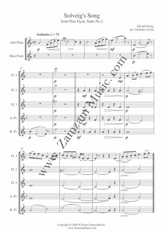 Grieg - Solveig's Song. 3 Flutes, Alto and Bass. Intermediate.