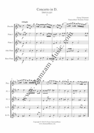 Telemann – Trumpet Concerto in D. Arranged for Piccolo, 2 Flutes, Alto and Bass flutes.