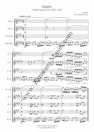 Bach, J.S. - Adagio from Violin Concerto in E BWV 1042. 3 Flutes, Alto and Bass. Advanced