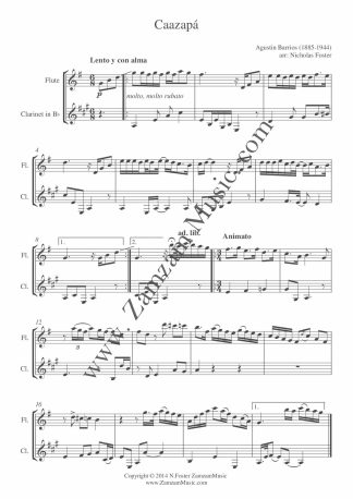 Barrios, Augustin. 'Caazapa' arranged for Flute and Clarinet.