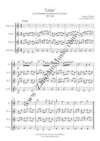 Vivaldi. 'Largo' from Chamber Concerto, A minor RV108. Solo flute, 2 flutes, alto flute